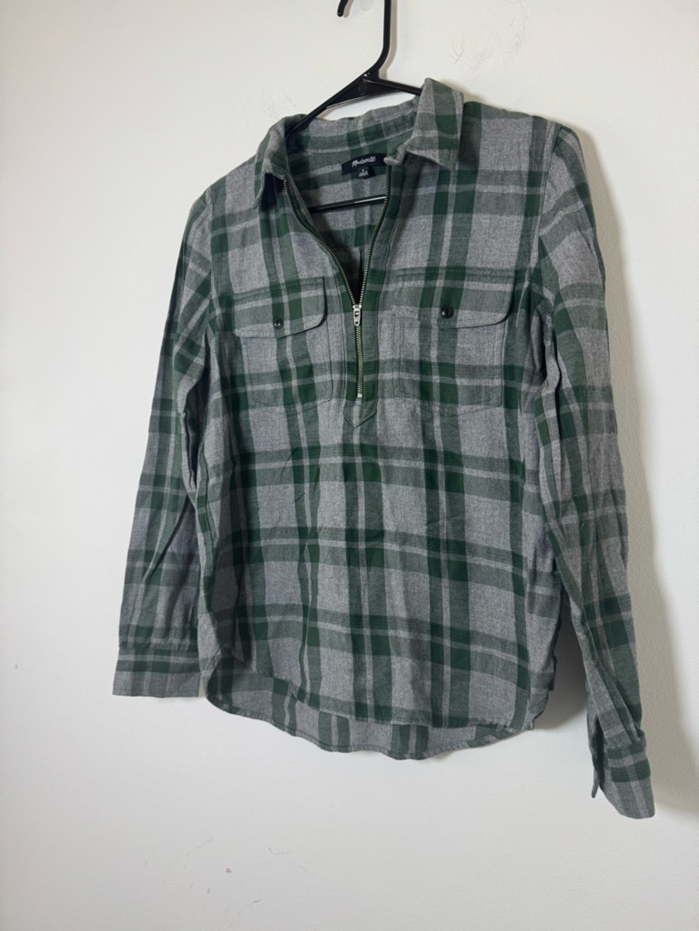 Madewell Plaid Flannel Shirt Women’s Small Green Gray Half Zip Pullover Cotton - Picture 2 of 6